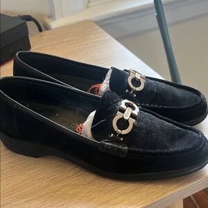 Women’s Ferragamo Black Loafers with Silver Buckle